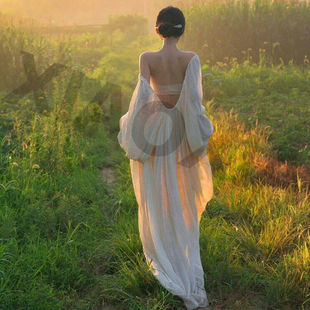 优雅浪漫礼服裙新中式禅意V领露背宽松披风式连衣裙晨袍家居服春