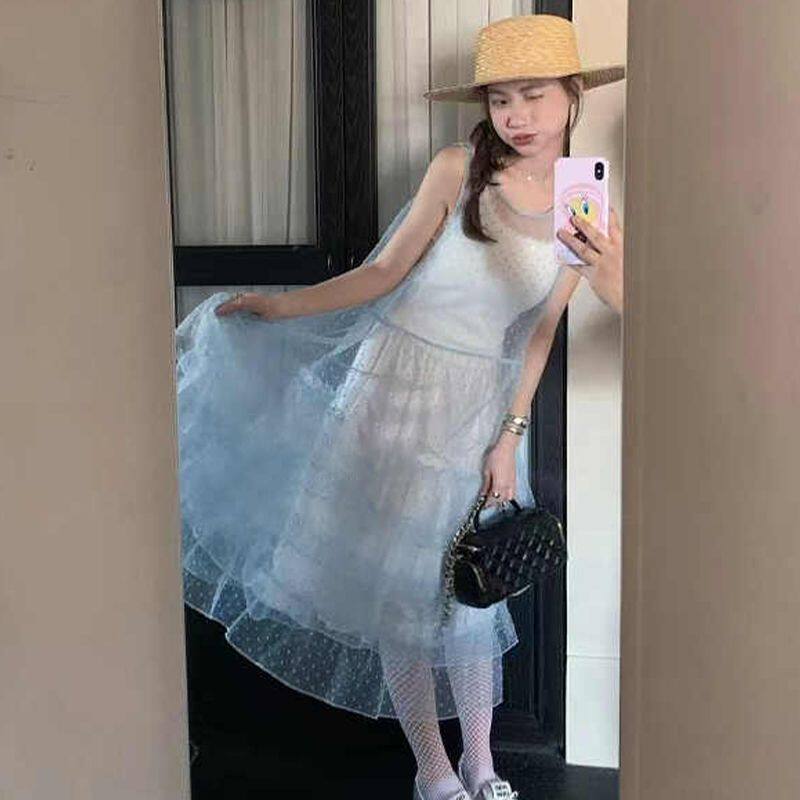 蕾丝裙叠穿吊带连衣裙女夏季新款透视网纱罩衫公主背心裙