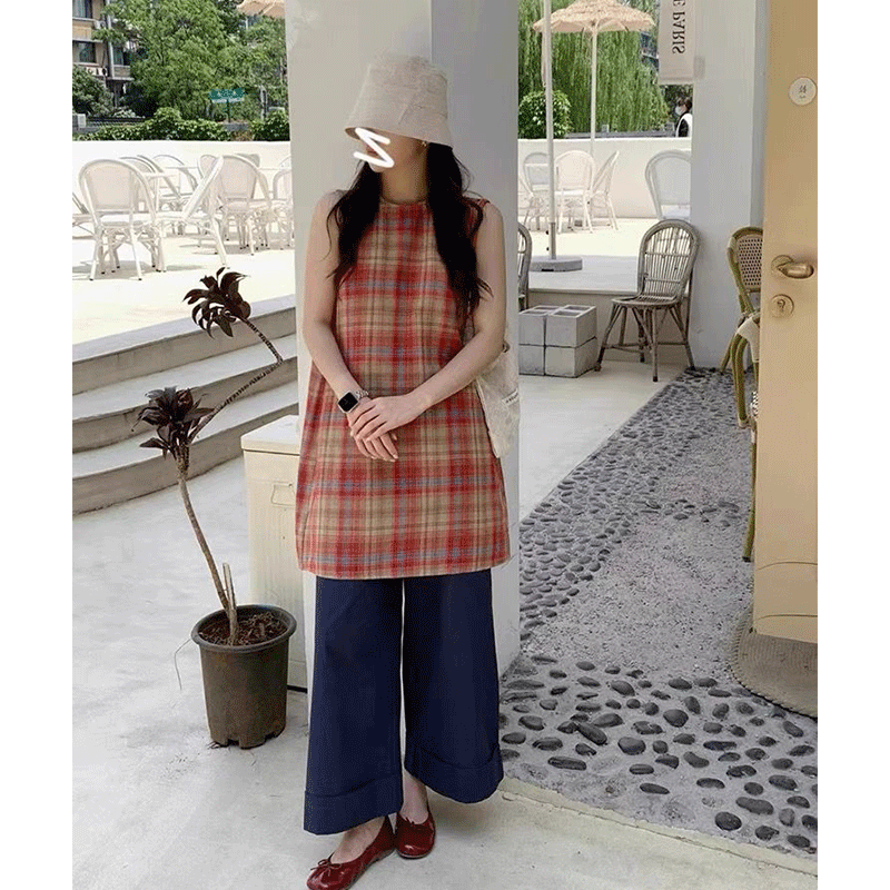 小香风套装女夏季新款小众格纹亚麻无袖背心裙叠穿阔腿裤子两件套