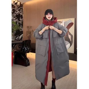 风衣式羽绒棉服女爆款小众设计感长款连帽高级感工装美拉德外套
