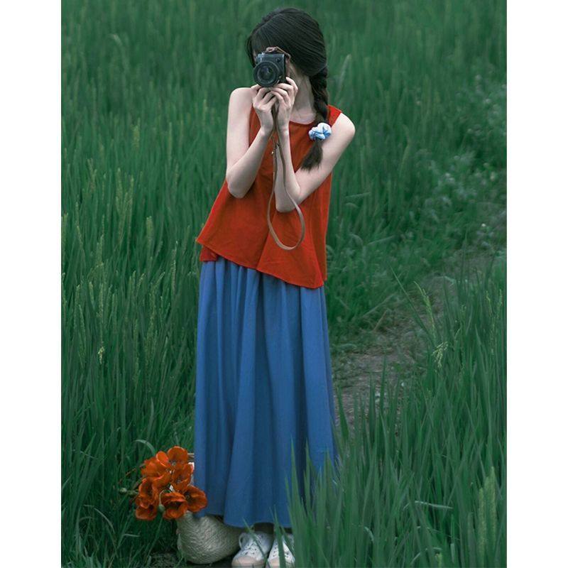 夏季穿搭一整套高级感洋气减龄多巴胺少女红色上衣半身裙时尚套装