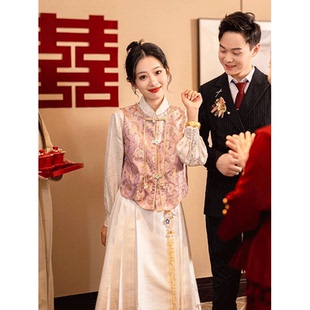 高级感秋装三件套2025新款新中式国风粉色印花内搭马甲半身裙套装