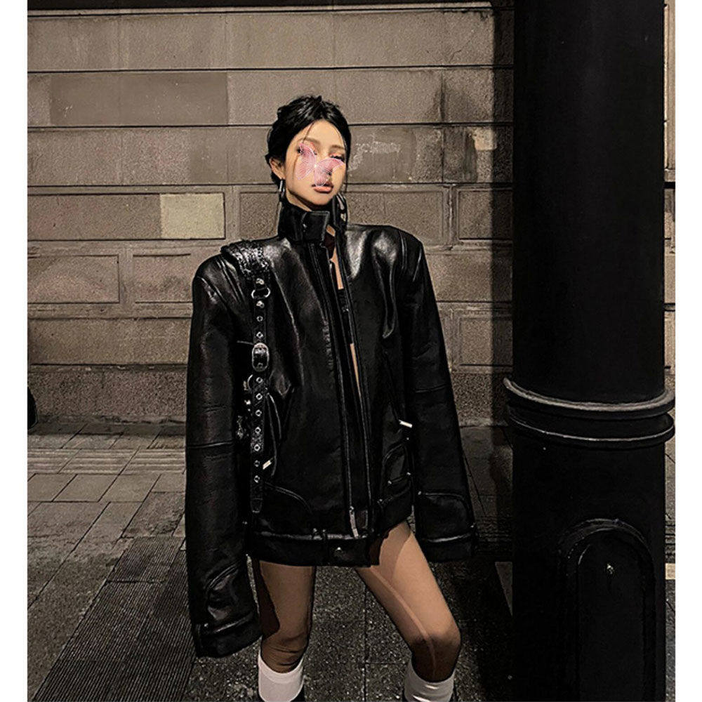 美式飞行员立领皮衣女冬季款气质百搭设计PU皮夹克外套