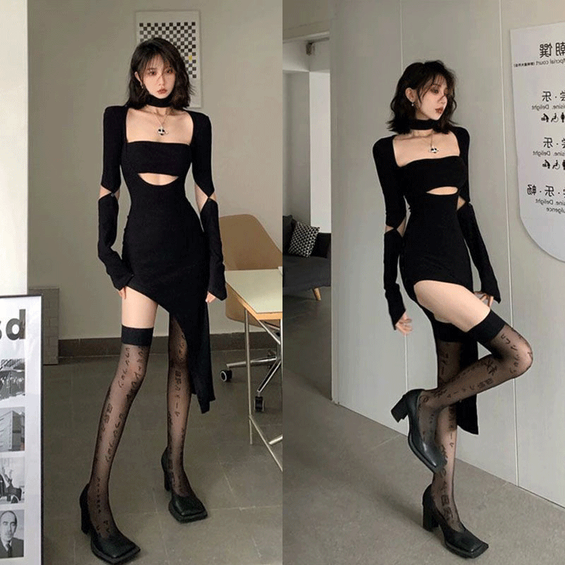 2024秋冬款纸片人系列性感辣妹可拆袖不规则连衣裙短裤套装女