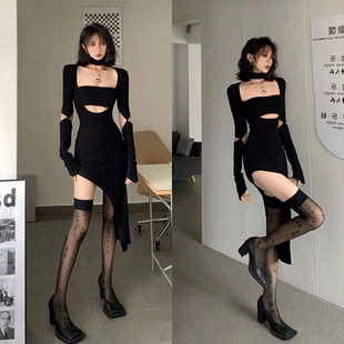 2024秋冬款纸片人系列性感辣妹可拆袖不规则连衣裙短裤套装女
