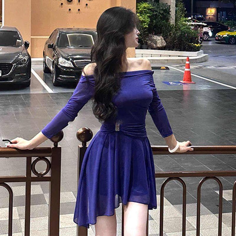 轻熟风一字肩连衣裙薄款显瘦气质长袖短裙古早美女感短款