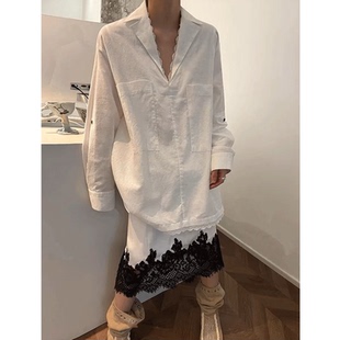 独特漂亮初夏小香风白色亚麻蕾丝拼接衬衫连衣裙醋酸半身裙套装女