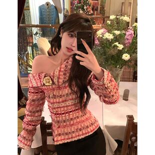 斜肩千金外套女春季法式高级感名媛气质独特超好看短款小香风上衣