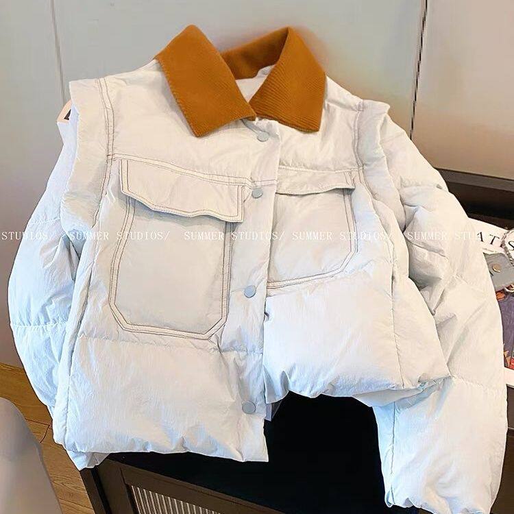蓝色法式轻薄短款棉服女