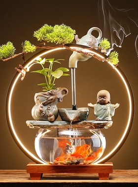 小型鱼缸桌面客厅电视柜招财流水摆件创意家居书桌装饰品开业礼品