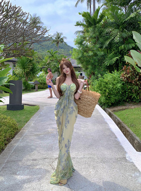 SAA海边度假纯欲绿色碎花印花吊带抹胸长裙海岛出片沙滩连衣裙