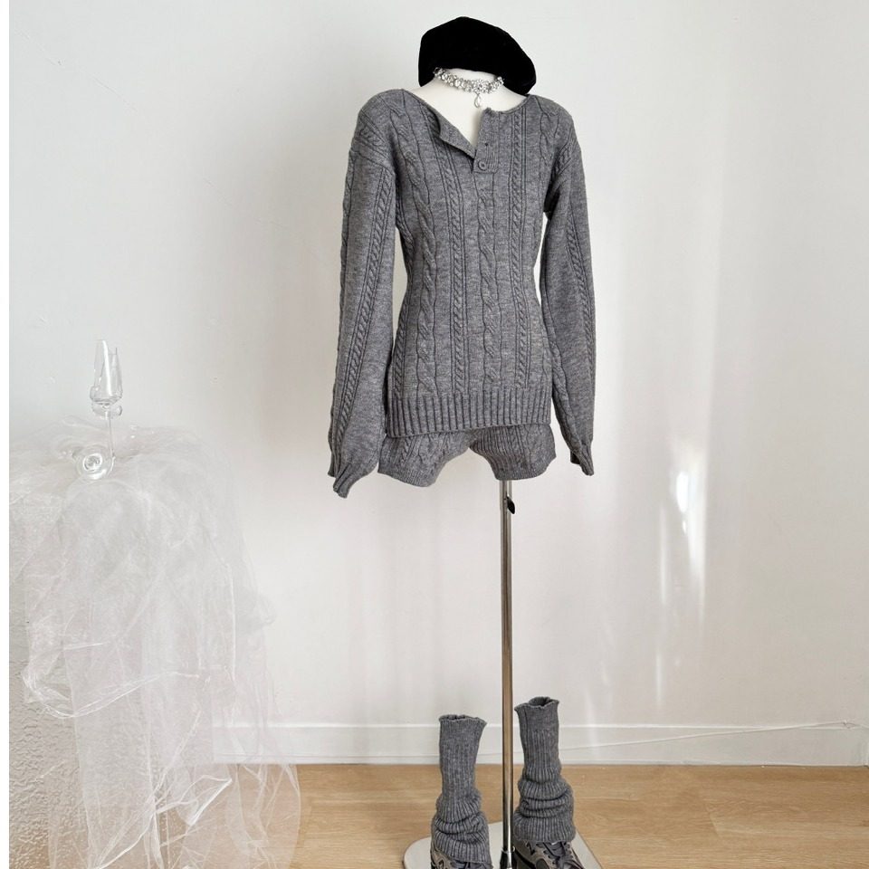 SAA灰色套头麻花毛衣女冬修身显瘦亨利领针织,女装/女士精品,毛针织衫,淘宝优惠券,粉丝福利购,淘宝优惠卷