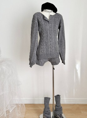 SAA灰色套头麻花毛衣女冬修身显瘦亨利领针织