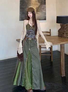 古着感森系绿色蕾丝碎花拼接吊带蕾丝拼接拉链半身裙