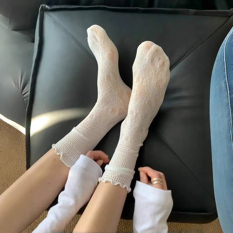 白色镂空蕾丝堆堆袜子女芭蕾风夏季薄款中筒花边jk长袜配玛丽珍鞋