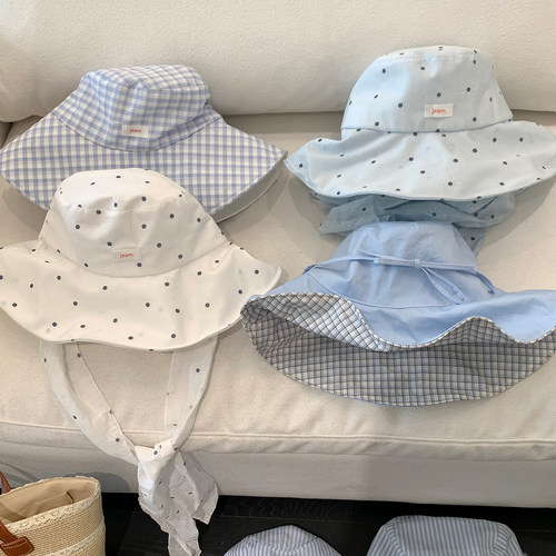 期待夏天~奶呼蓝 韩系波点条纹渔夫帽女春夏大檐防晒遮阳帽子盆帽