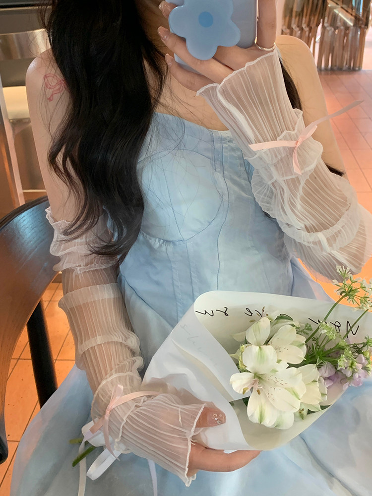 和小裙子好搭的原创蕾丝蝴蝶结防晒夏季薄款喇叭袖冰袖冰丝袖套女