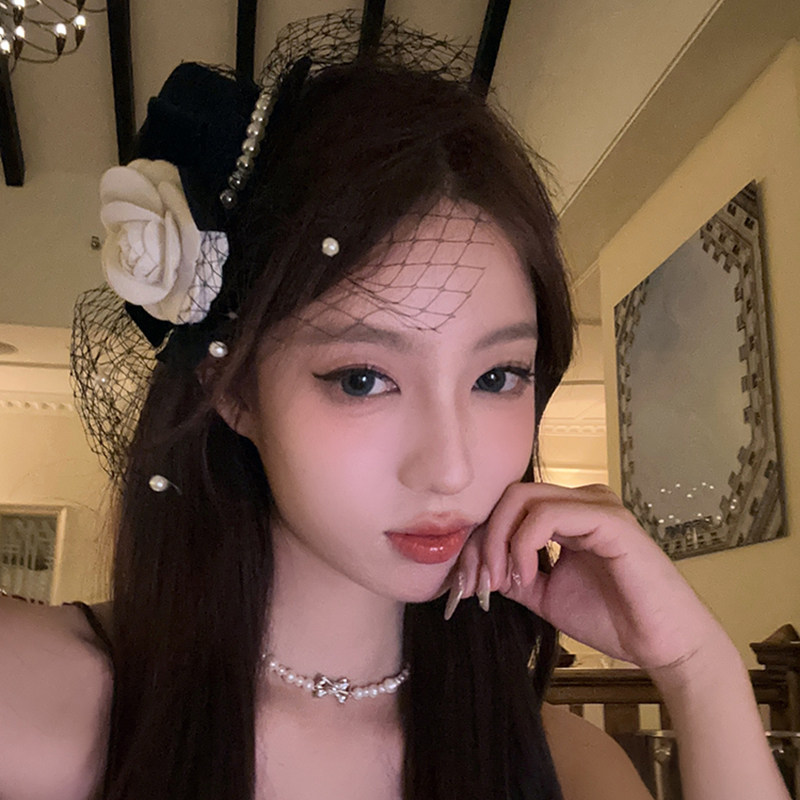 艳压！千金山茶花 原创珍珠渔网发夹小礼帽赫本英伦风头饰女优雅