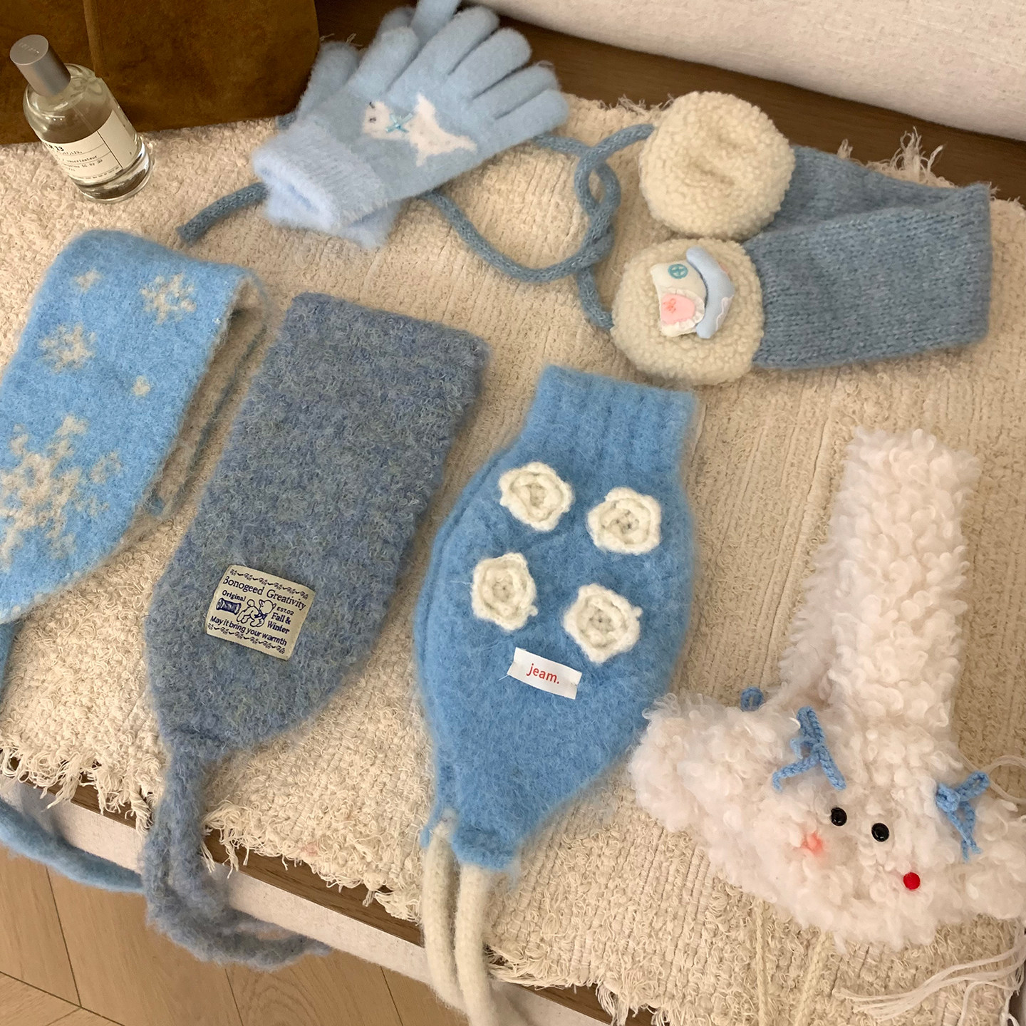 冬日初雪～蓝色保暖系带针织耳罩女冬季氛围感防寒耳暖加厚耳捂子