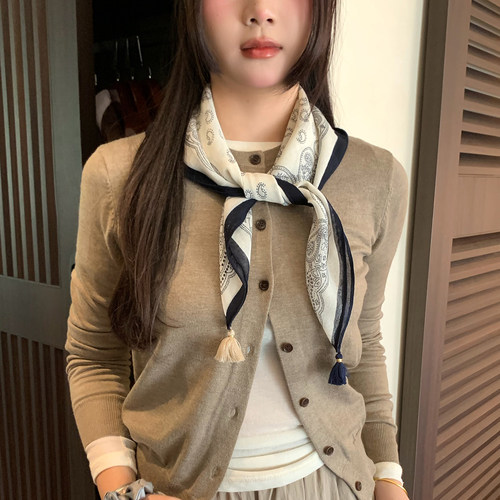 老钱风几何图案小方巾女2026秋季咖色腰果百搭护颈围巾丝巾领巾