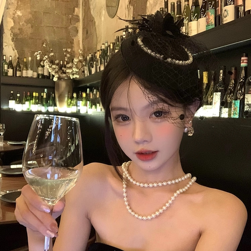财阀小女 珍珠网纱发夹礼帽女万圣节cos拍照道具新娘气质优雅头饰