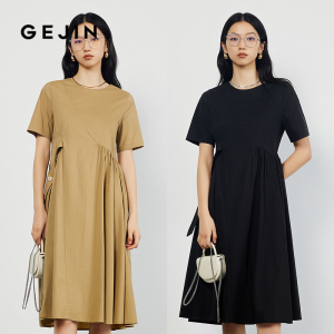 歌锦文艺柔美浪漫风情2025夏季新款短袖连衣裙女中长绑带收腰显瘦