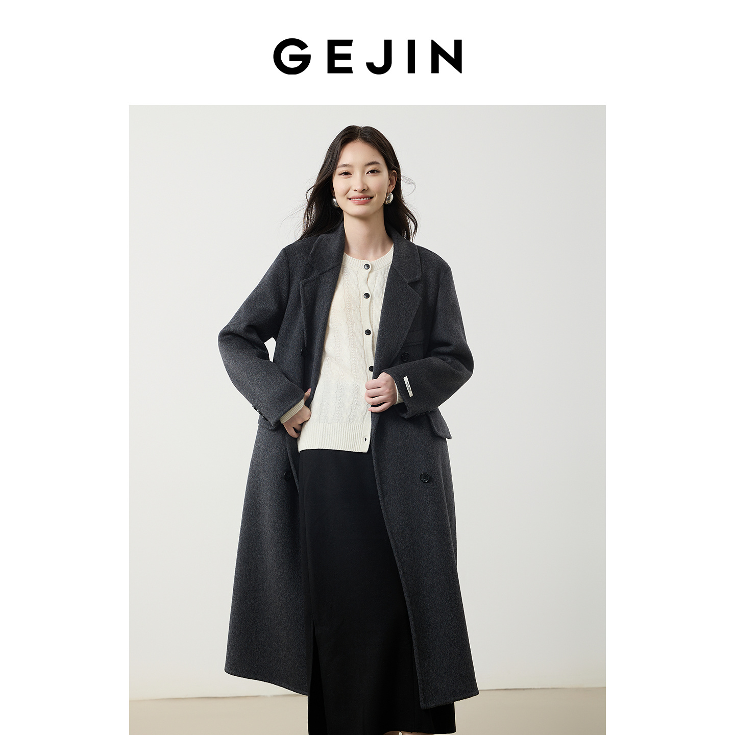 歌锦 高支绵羊毛西装式双排扣长款双面呢大衣外套女2025冬季新款