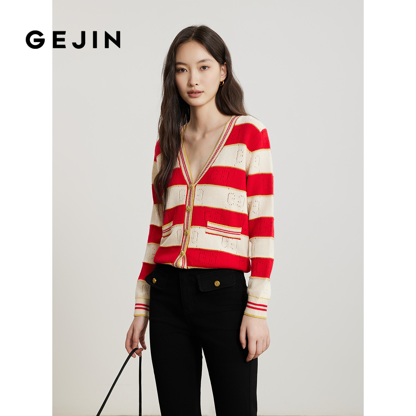 歌锦绵羊毛条纹 长袖针织衫女外套2025春秋季新款