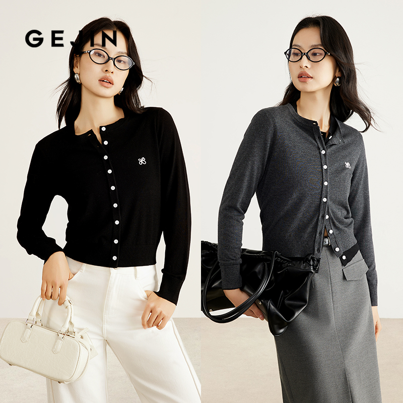 歌锦职场极简风绵羊毛针织衫女开衫长袖圆领上衣女装2025早春新品