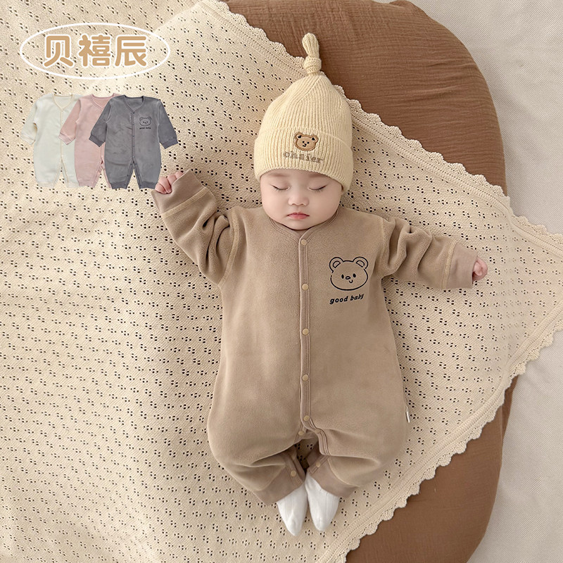婴儿衣服春秋冬季加绒保暖新生儿宝宝睡衣一体绒婴幼儿连体衣爬服