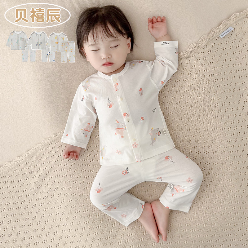 婴儿睡衣纯棉夏季薄款长袖长裤开衫分体套装空调服小月龄宝宝衣服