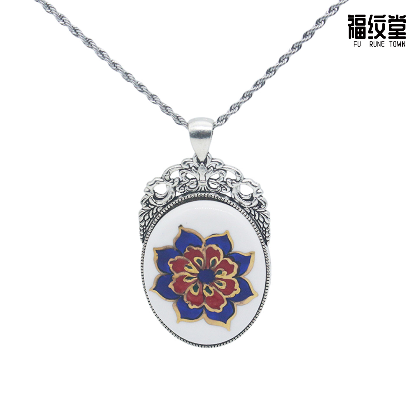 敦煌莲花藻井纹景德镇陶瓷复古锁骨项链毛衣链非遗手工绘饰品中式
