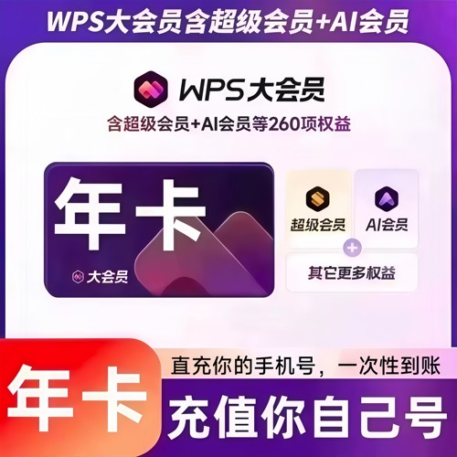 【充自己账号】WPS大会员一年12个月WPS大会员年卡WPS大会员2年卡