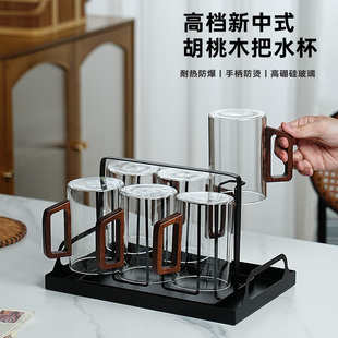 胡桃木柄水杯待客泡綠茶杯耐高溫辦公室玻璃杯子家用喝水杯大容量