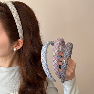 复古格子发箍女宽边高颅顶海绵发箍学院风气质百搭金属扣针织头箍