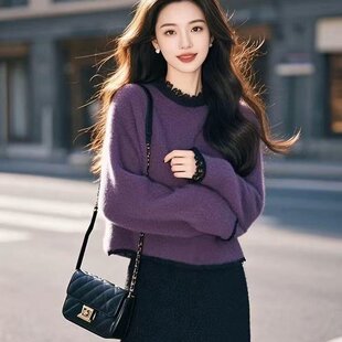 2026新款慵懒高级感独特漂亮设计感紫色针织套头软糯毛衣女款冬季