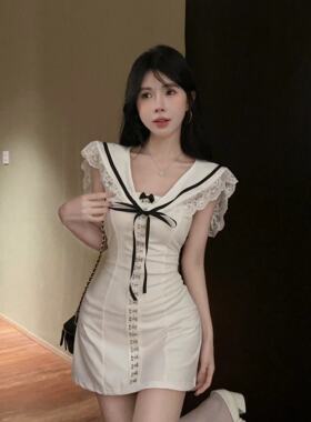 实拍~花边斗篷修腰时尚清纯白色个性连衣裙女