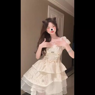 甜美蝴蝶结蓬蓬连衣裙女收腰显瘦夏季小个子超仙约会网纱蓬蓬短裙
