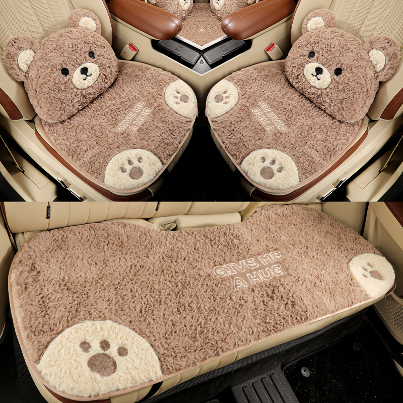 男女秋冬保暖座位椅套卡通熊汽车坐垫冬季短毛绒羊羔绒三件套单片