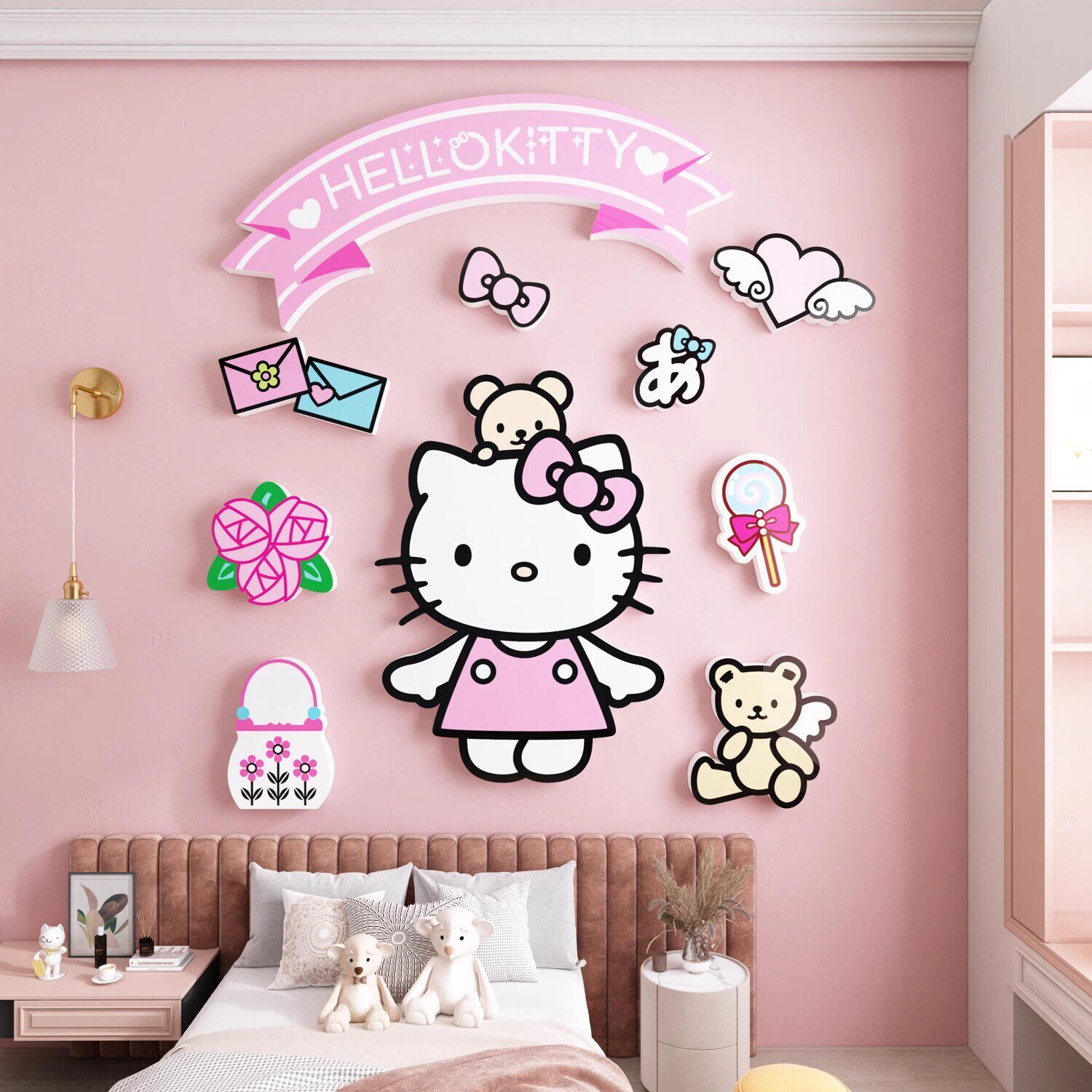 Hellokitty凯蒂猫儿童房墙面装饰女孩生床头公主房间壁纸贴画布置