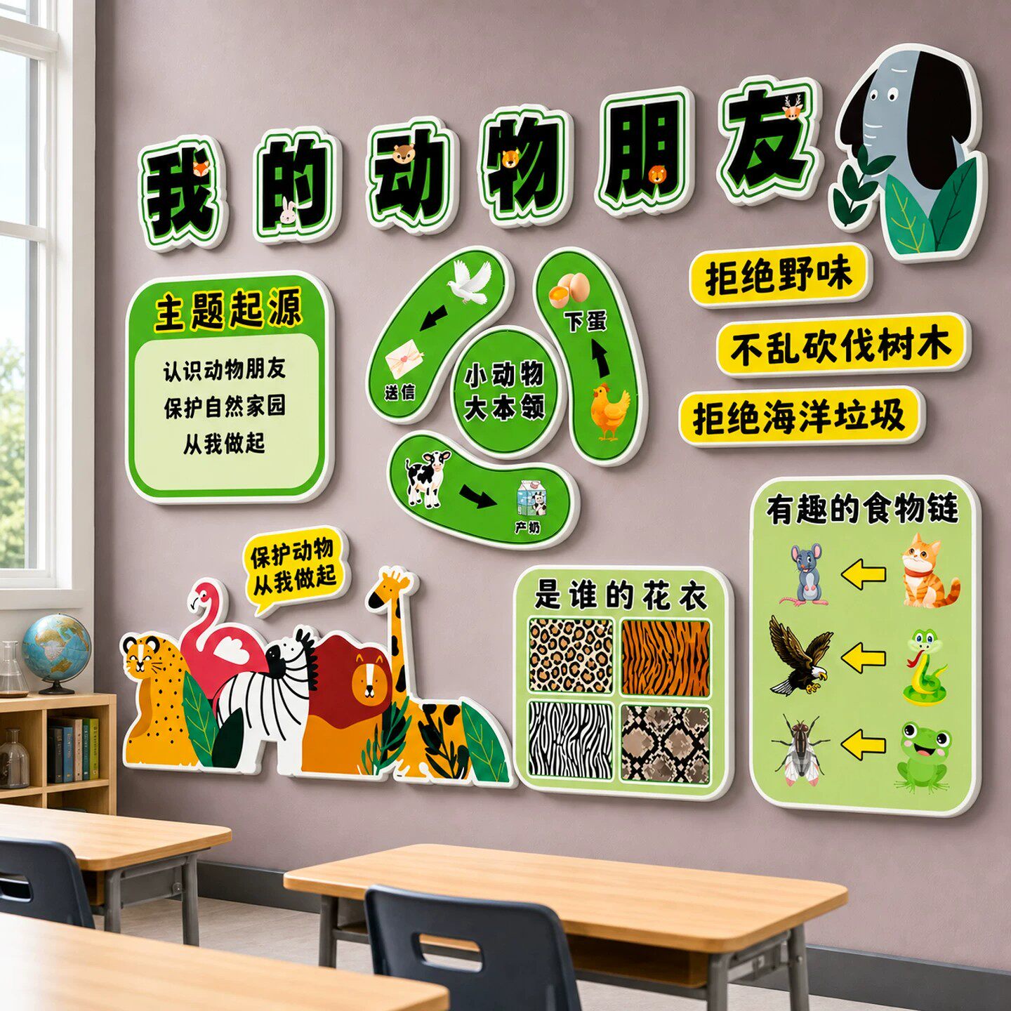 动物世界主题文化墙贴幼儿园墙面装饰环创成品走廊楼梯黑板报场景