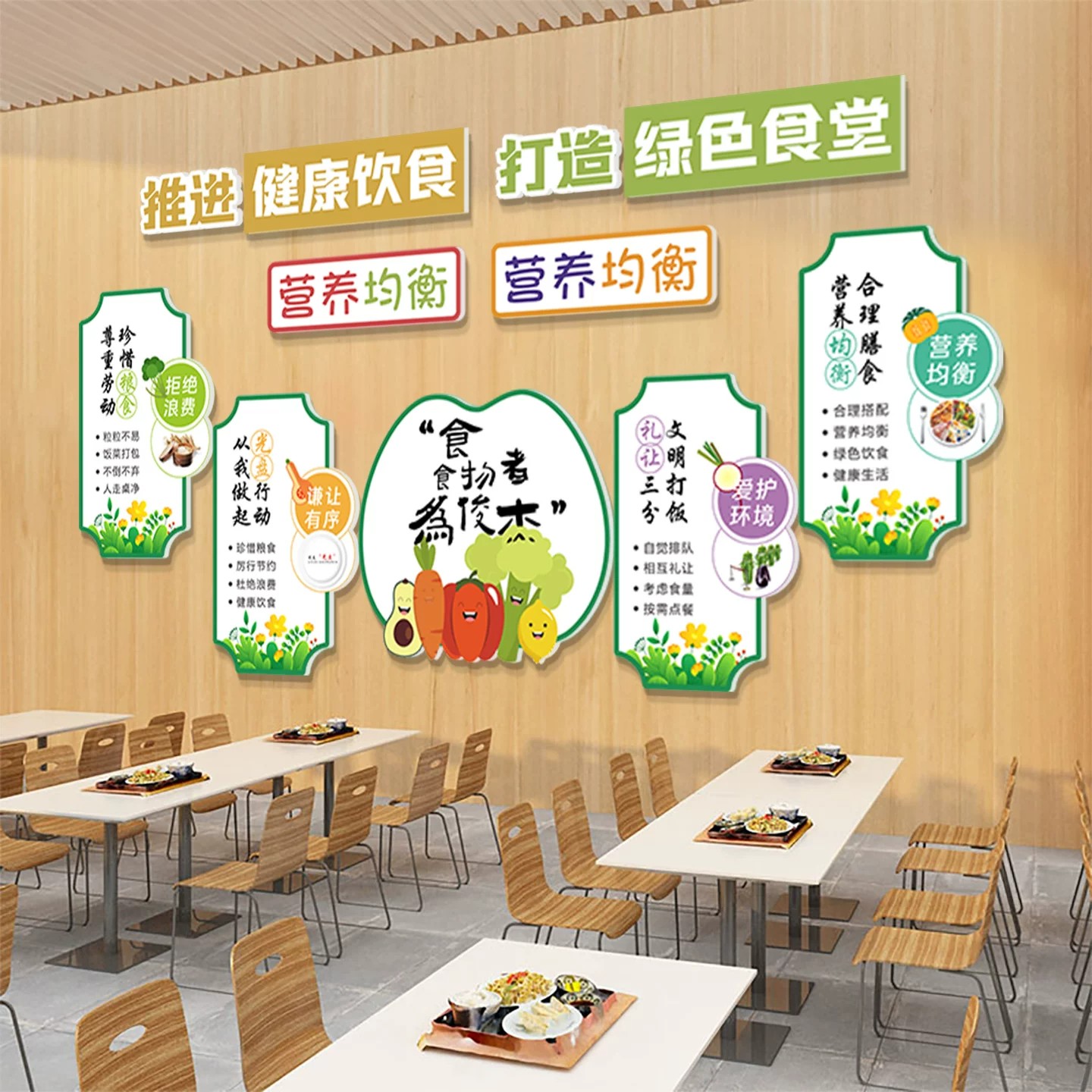 学校食堂文明用餐标语墙贴职工饭堂健康饮食宣传挂画餐厅绿色饮食