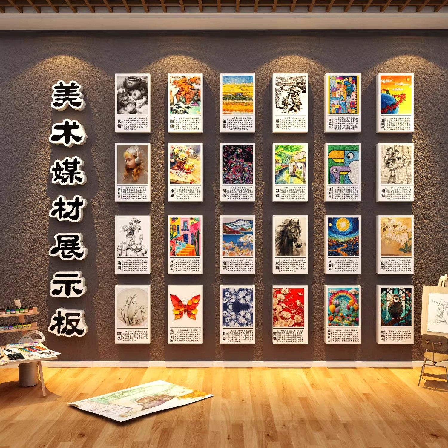 画室布置美术教室墙面装饰艺术培训机构媒材展示板环创氛围文化墙