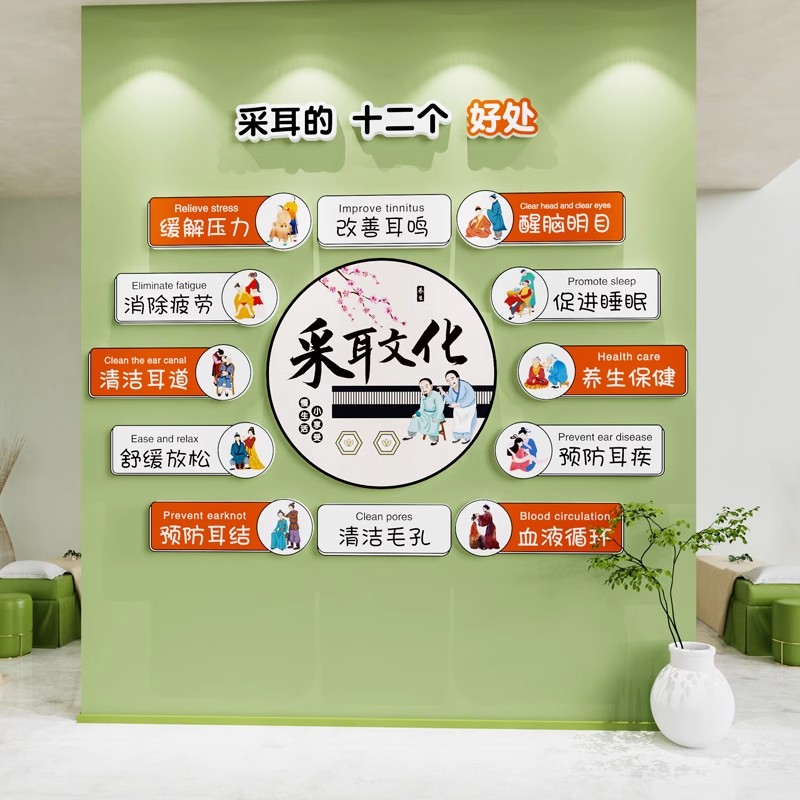 采耳店墙面装饰壁画美容院养生馆文化背景墙中医耳烛海报宣传布置