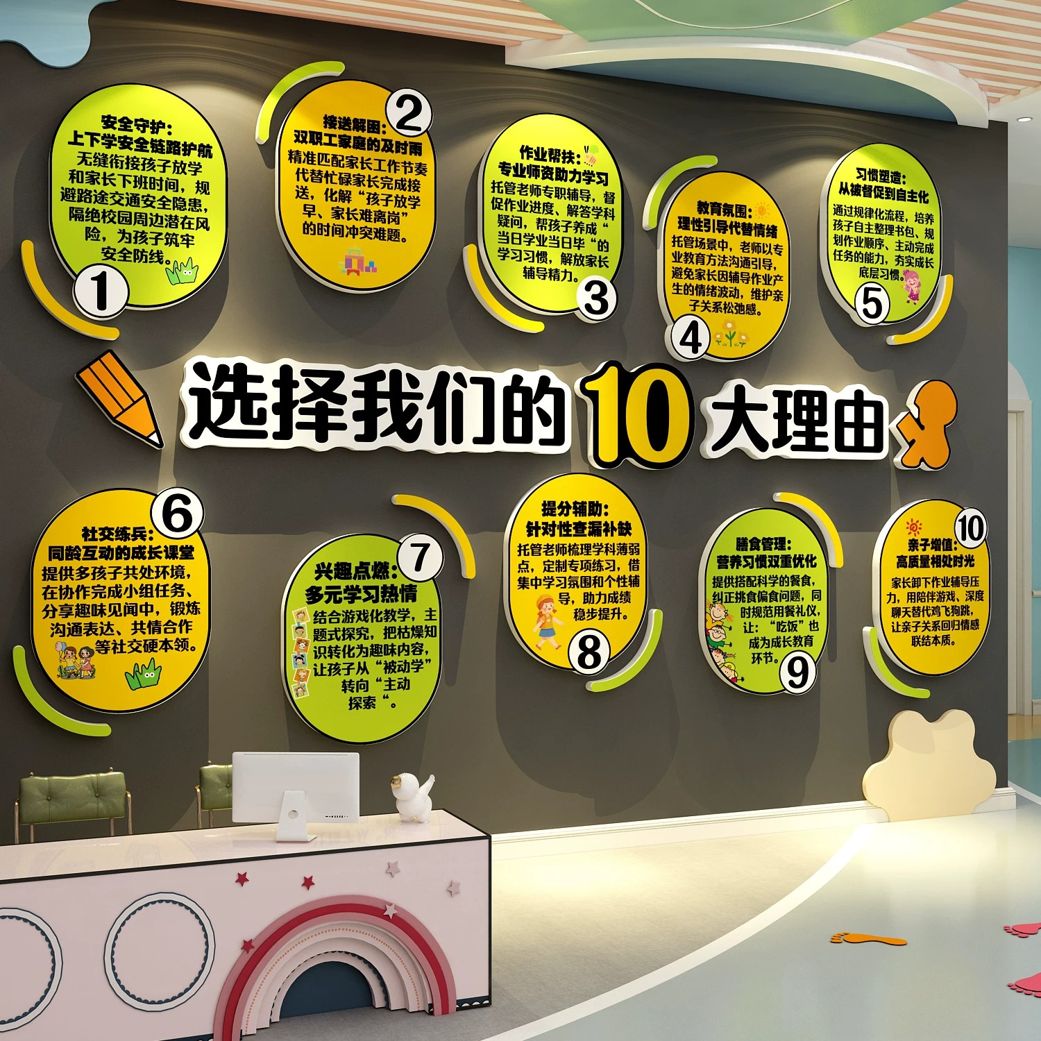 培训机构幼儿园托管班家长公约墙贴十大优势宣传海报机构文化形象