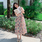多巴胺泡泡袖方领印花连衣裙女夏2025年收腰松弛独特绝美雪纺长裙，女装连衣裙，2C168
