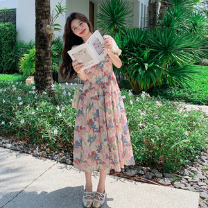 多巴胺泡泡袖方领印花连衣裙女夏2025年收腰松弛独特绝美雪纺长裙图片
