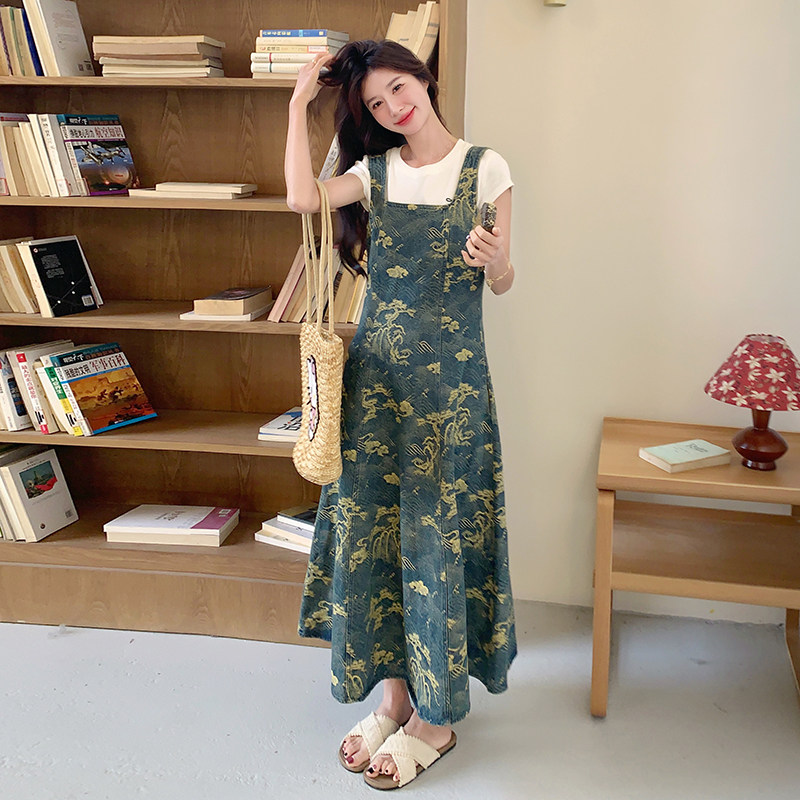复古刺绣牛仔背带连衣裙女2025夏季新款高级感气质后腰显瘦a字裙,女装连衣裙,2C168