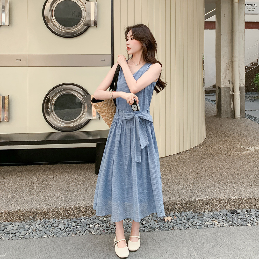 格纹v领背心连衣裙女2025夏季新款韩系小清新宽松收腰小个子a字裙,女装连衣裙,2C168