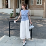 蓝色无袖上衣半身裙套装女2025年夏季新款韩版气质时尚简约两件套，女装套装/套裙，2C168